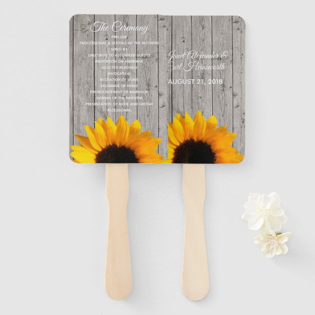 Rustic Wood and Sunflower Wedding Program Fan (Front and Back)