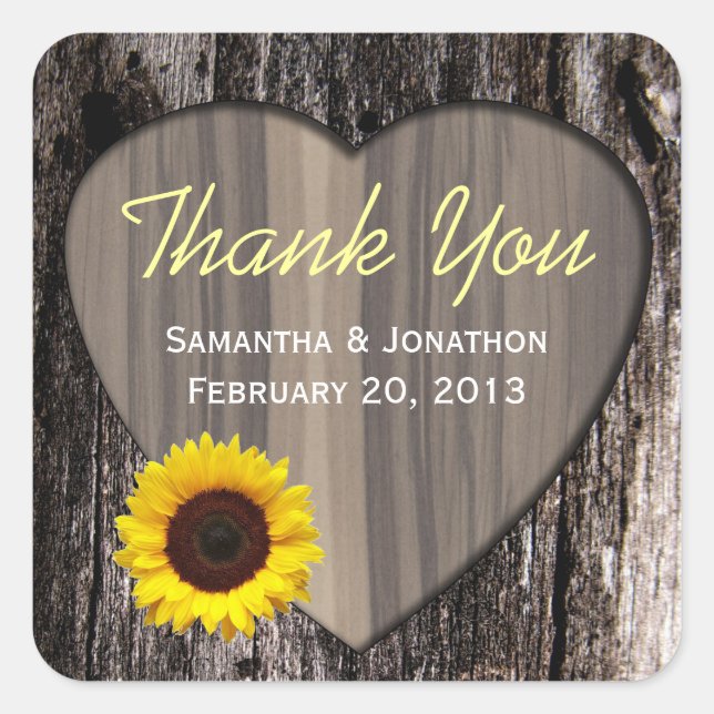 Rustic Wood and Sunflower Wedding Thank You Square Sticker (Front)