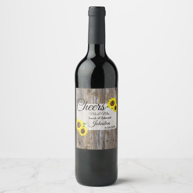 Rustic Wood and Sunflowers Wedding Wine Label (Front)