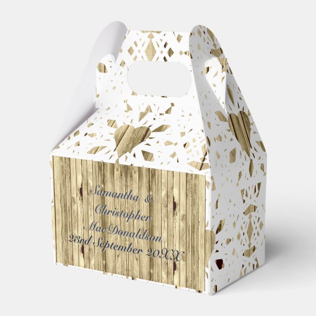 Rustic wood and white lace heart country wedding favor box (Front Side)