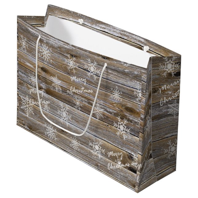 Rustic Wood and White Snowflakes Merry Christmas Large Gift Bag (Front Angled)