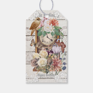 Rustic wood Antique clock with flowers and bird Gift Tags