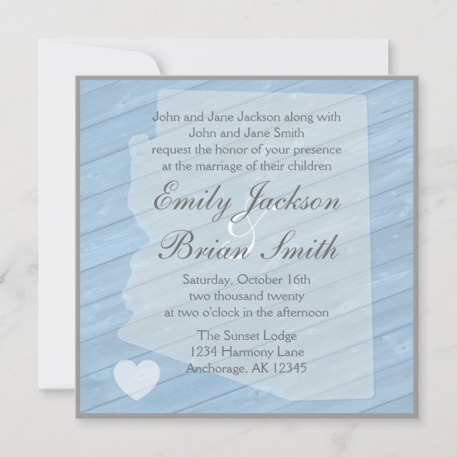 Rustic wood Arizona blue wedding invitations (Front)