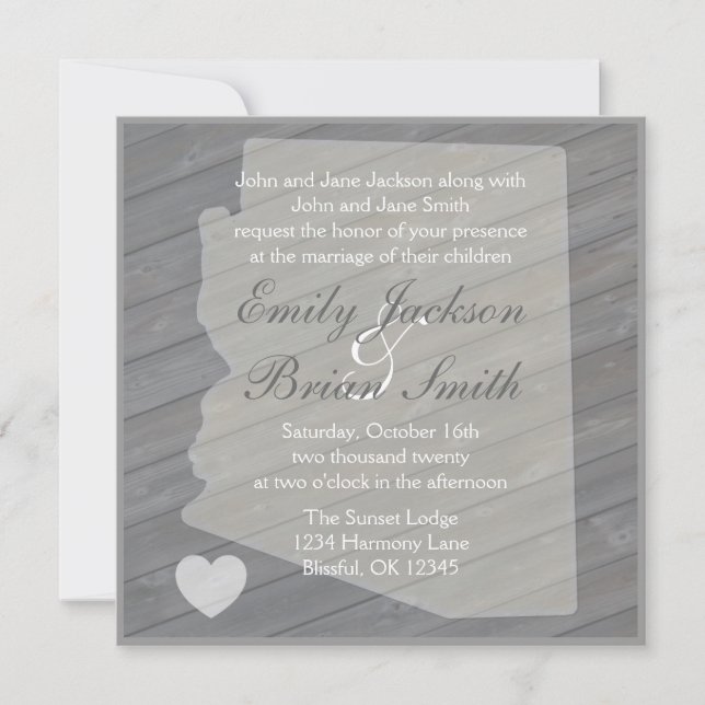 Rustic wood Arizona grey wedding invitations (Front)