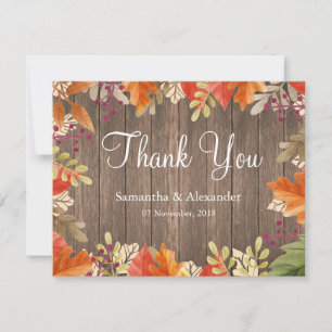 Rustic Wood Autumn Fall Red Leaves Thank You Card
