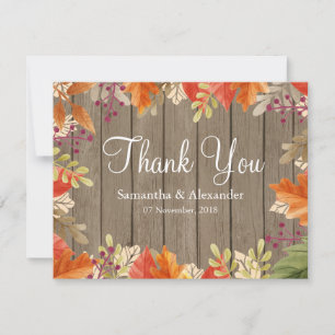 Rustic Wood Autumn Fall Red Leaves Thank You Card