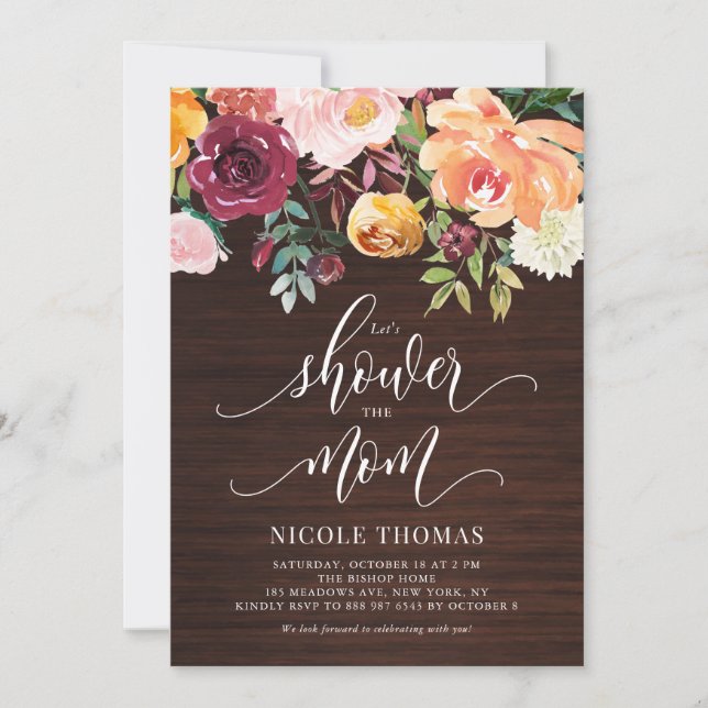 Rustic Wood Autumn Flowers Fall Baby Shower Invitation (Front)