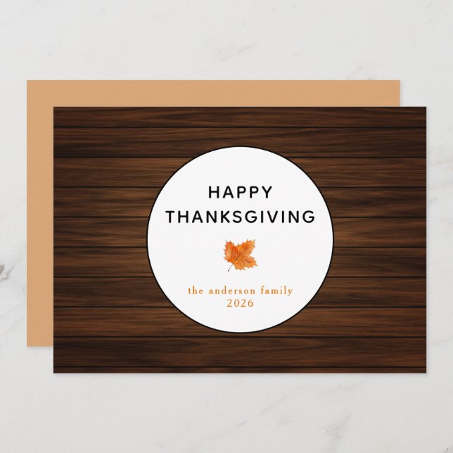 Rustic Wood Autumn Leaf Happy Thanksgiving  Holiday Card (Front/Back)