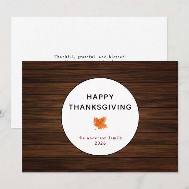 Rustic Wood Autumn Leaf Happy Thanksgiving  Holiday Card (Front/Back)