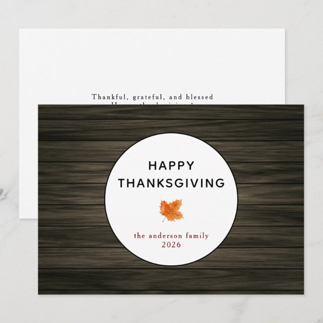 Rustic Wood Autumn Leaf Happy Thanksgiving  Holiday Card (Front/Back)
