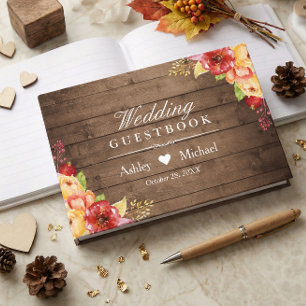 Rustic Wood Autumn Leaves Floral Wedding Guest Book