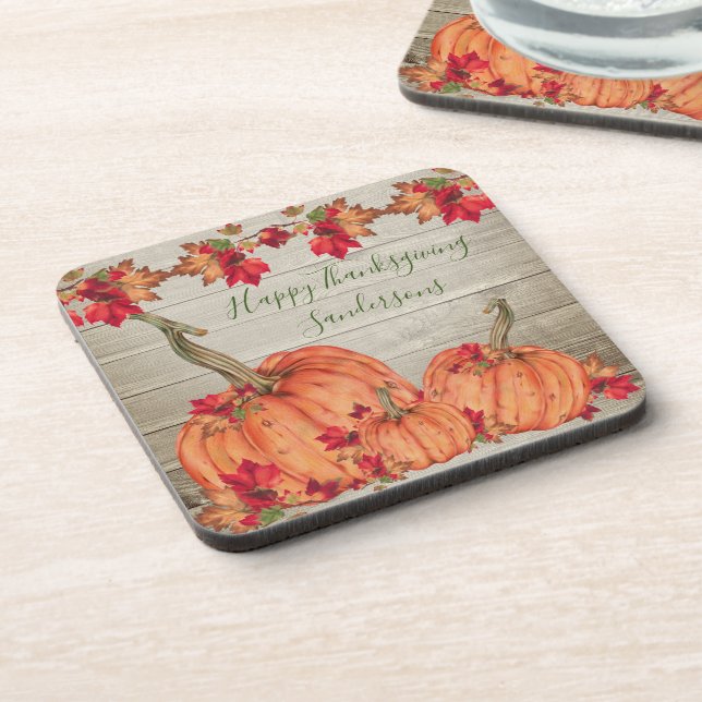 Rustic Wood Autumn Orange Pumpkins Fall Leaves  Be Coaster (Left Side)
