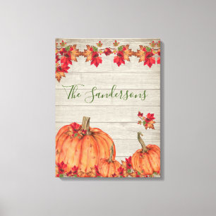 Rustic Wood Autumn Orange Pumpkins Fall Leaves  Canvas Print