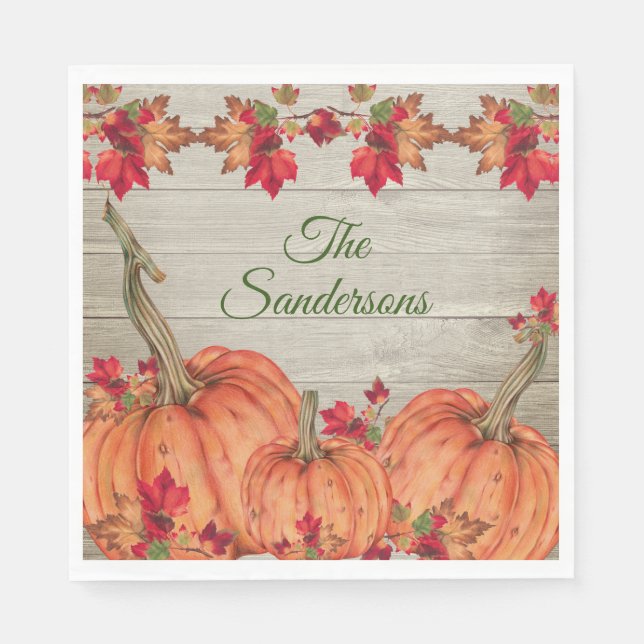 Rustic Wood Autumn Orange Pumpkins Fall Leaves   N Napkin (Front)