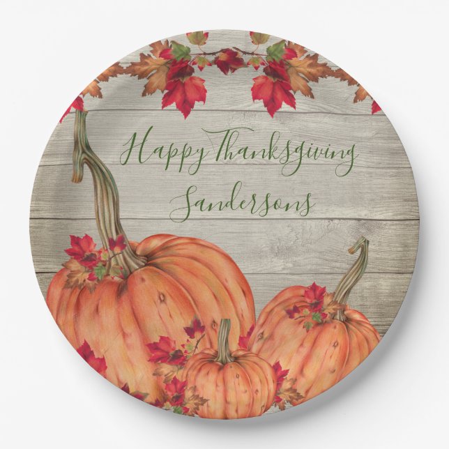 Rustic Wood Autumn Orange Pumpkins Fall Leaves Pap Paper Plate (Front)