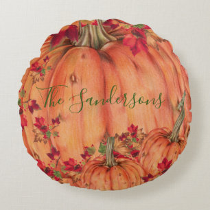 Rustic Wood Autumn Orange Pumpkins Fall Leaves     Round Pillow