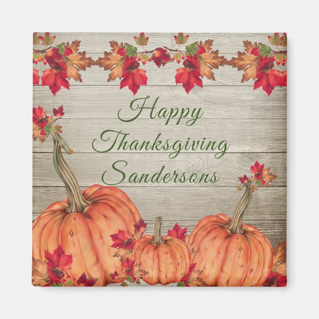 Rustic Wood Autumn Orange Pumpkins Fall Leaves  Sq Magnet (Front)