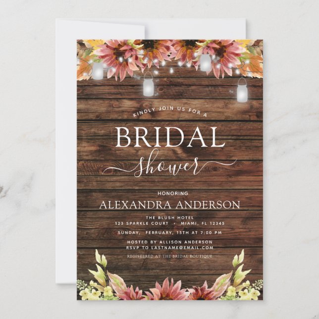 Rustic Wood Autumn Sunflowers Bridal Shower Invitation (Front)