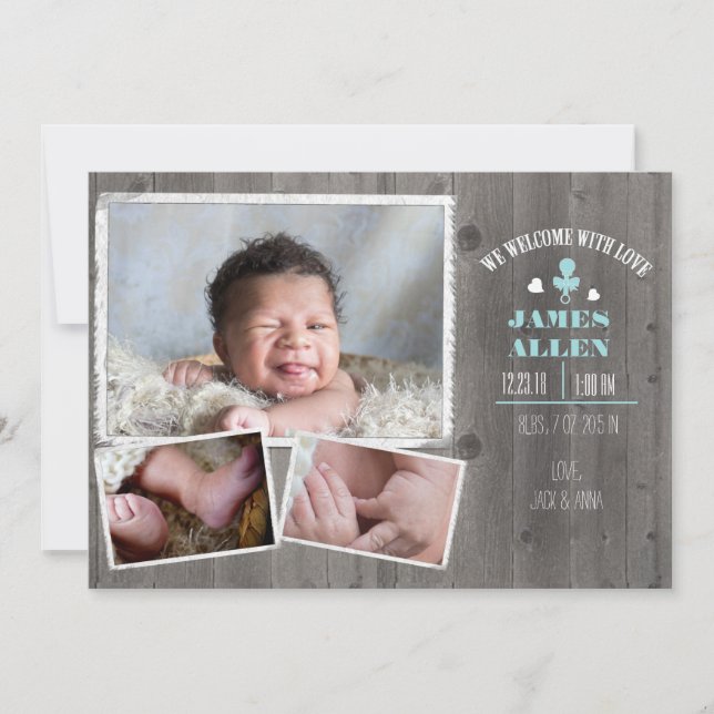 Rustic Wood Baby Boy Birth Annoucment Announcement (Front)