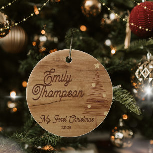 Rustic Wood Baby’s First Christmas 2025 Ceramic Ornament