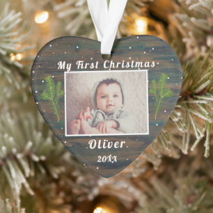 Rustic Wood Baby`s First Christmas Photo Ornament