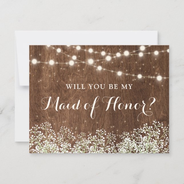 Rustic Wood Baby's Breath Country Maid of Honour Invitation (Front)