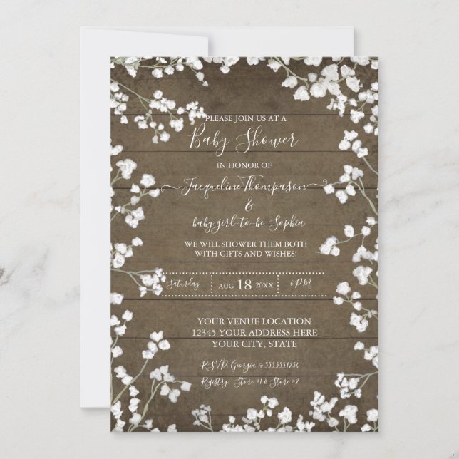 Rustic Wood Babys Breath Floral Baby Girl Shower Invitation (Front)