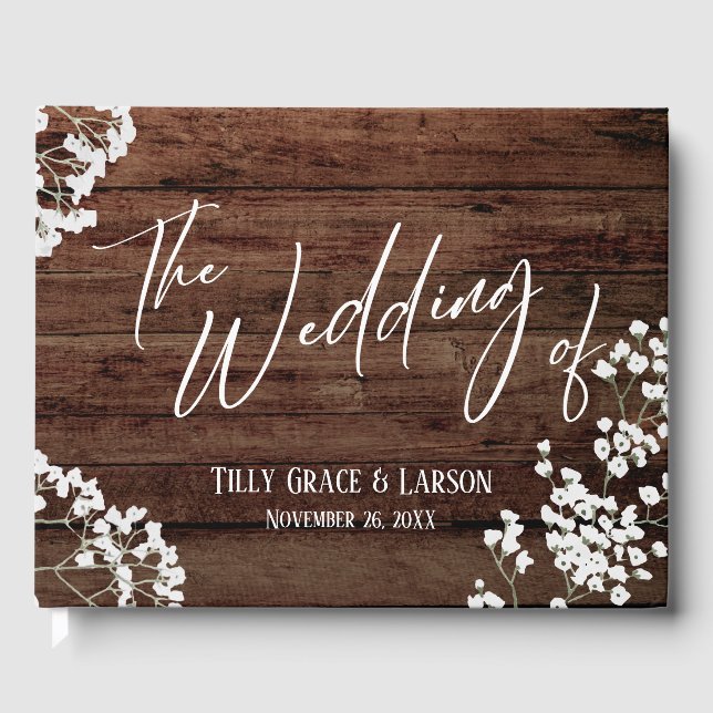 Rustic Wood Baby's Breath Handwriting Guestbook (Front)