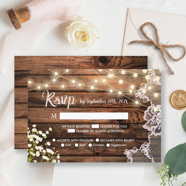 Rustic Wood Baby's Breath & Lace Wedding RSVP Card (Creator Uploaded)
