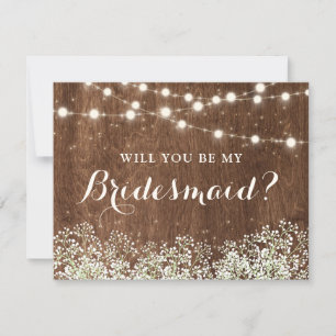 Rustic Wood Baby's Breath String Lights Bridesmaid Invitation