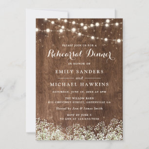 Rustic Wood Baby's Breath String Lights Rehearsal Invitation