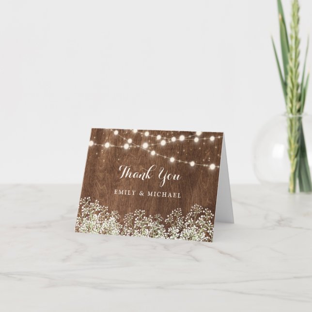 Rustic Wood Baby's Breath String Lights Wedding Thank You Card (Front)
