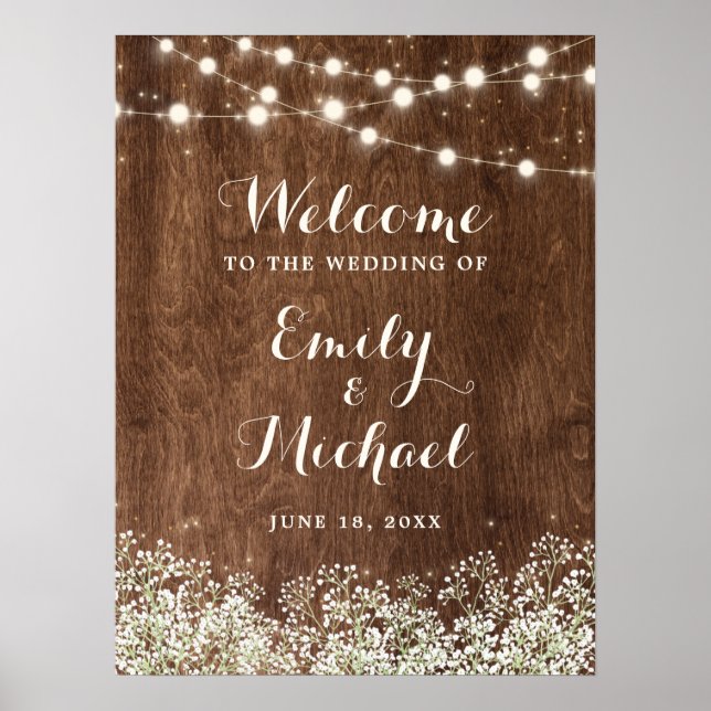 Rustic Wood Baby's Breath Wedding Welcome Sign (Front)