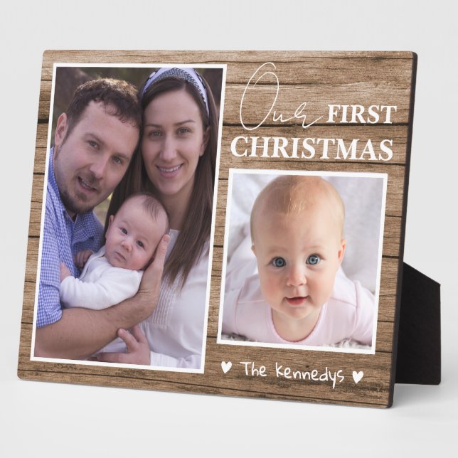 Rustic Wood Baby's First Christmas 2 Photo Collage Plaque (Side)