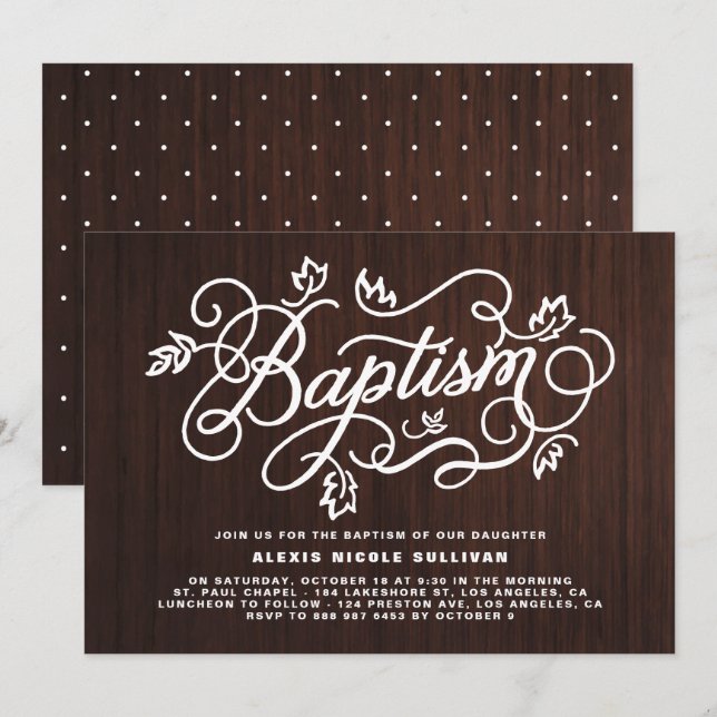 Rustic Wood Background Foliage Lettering Baptism Invitation (Front/Back)