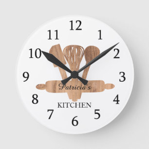 Rustic Wood Baking Utensils Custom Name Kitchen Round Clock