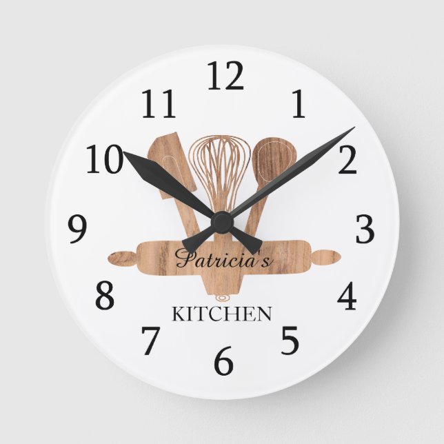 Rustic Wood Baking Utensils Custom Name Kitchen Round Clock (Front)