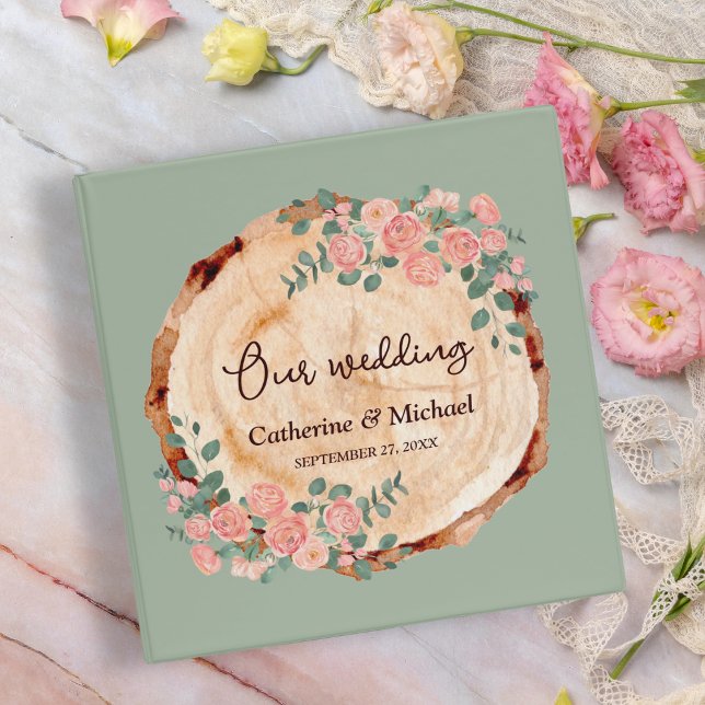Rustic Wood Bark Rings Watercolor Pink Roses Green Binder (Creator Uploaded)