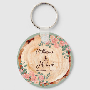 Rustic Wood Bark Rings Watercolor Pink Roses Green Keychain