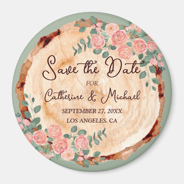 Rustic Wood Bark Rings Watercolor Pink Roses Green Magnet (Front)