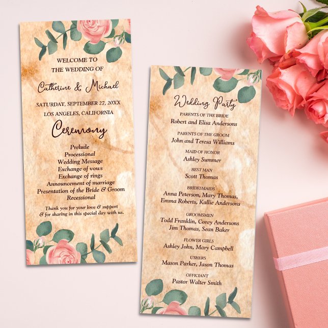 Rustic Wood Bark Rings Watercolor Pink Roses Green Program (Creator Uploaded)