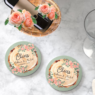 Rustic Wood Bark Rings Watercolor Pink Roses Green Round Paper Coaster