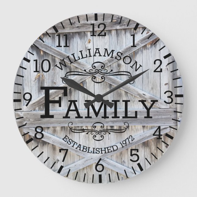 Rustic Wood Barn Door Family Name Custom Large Clock (Front)