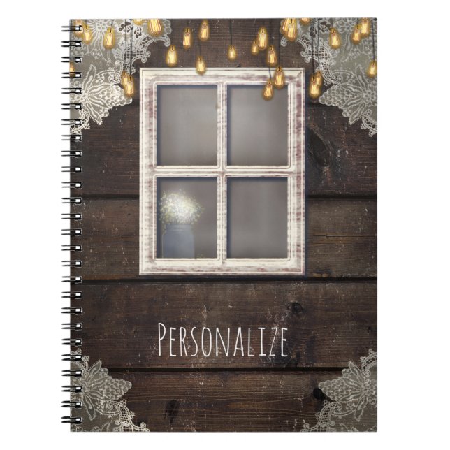 Rustic Wood Barn Window & Lights Country Farmhouse Notebook (Front)