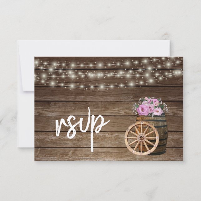Rustic Wood Barrel and Pink Floral - RSVP Card (Front)