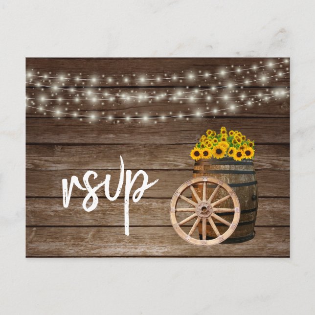 Rustic Wood Barrel and Sunflowers - RSVP Invitation Postcard (Front)