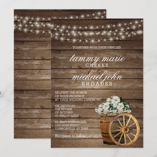 Rustic Wood Barrel and White Flower Invitation (Front/Back)