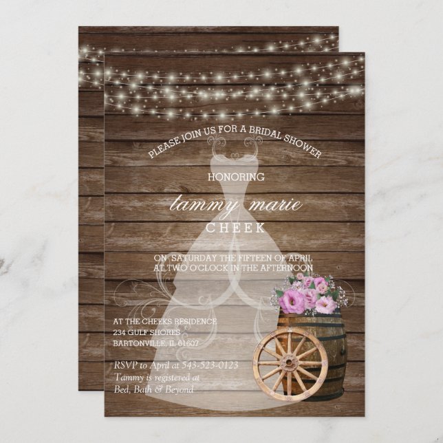 Rustic Wood Barrel Bridal Shower with Pink Floral Invitation (Front/Back)
