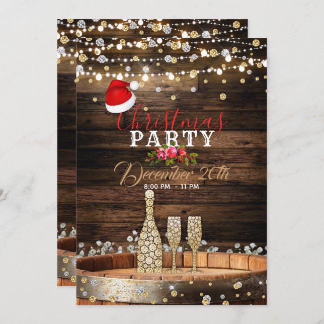 Rustic Wood Barrel Lights Champagne Christmas Invitation (Front/Back)