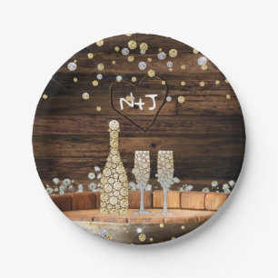 Rustic Wood Barrel Lights Champagne Modern Party Paper Plate